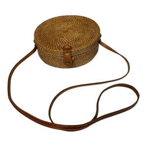 Vintage Circular Hand Woven Crossbody Bag Leather Strap Indonesia Brown